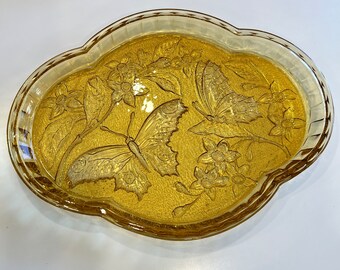 Sowerby Amber Butterfly glass plate platter