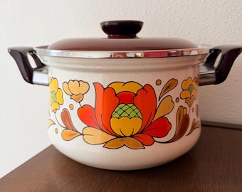 Vintage Sanko Floral Enamel Stock Pot