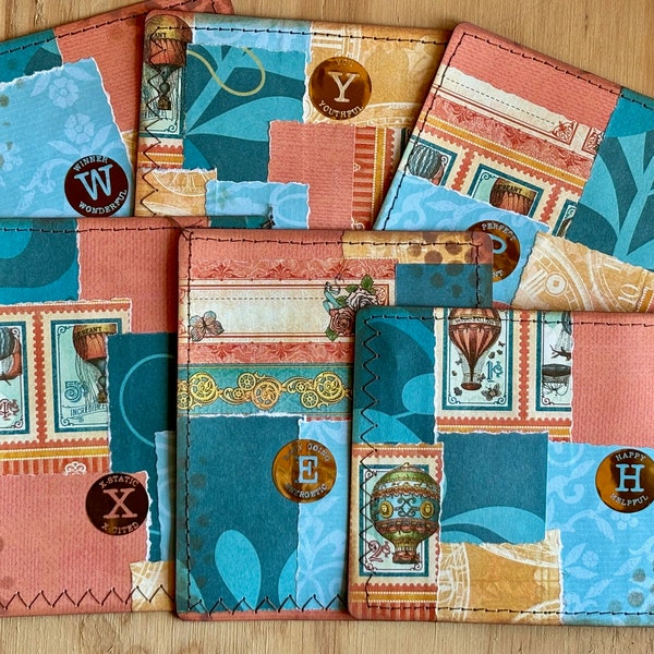 Handmade collaged journal cards with envelopes. Beautiful scrapbook papers  sewn  and backed with assorted ledger papers to make unique card