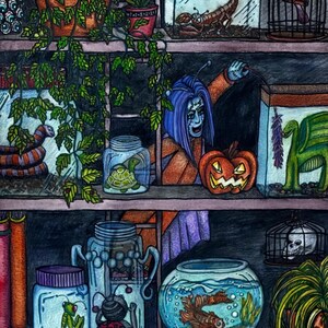 Original Watercolor Painting Surreal Gothic Art - Creature Caring for Pets Fantasy Botanical Art
