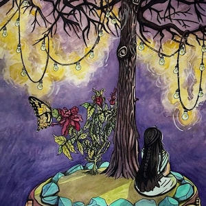 Original Watercolor Painting Surreal Gothic Art - Calm Mindful Woman Enlightened by Nature and Time Art