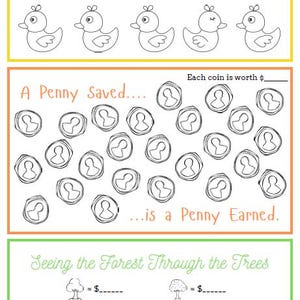 May include: A worksheet with three sections, each with a different theme. The top section has duck illustrations and the text "Getting Your Ducks in a Row." The middle section has coin illustrations and the text "A Penny Saved... is a Penny Earned." The bottom section has tree illustrations and the text "Seeing the Forest Through the Trees."