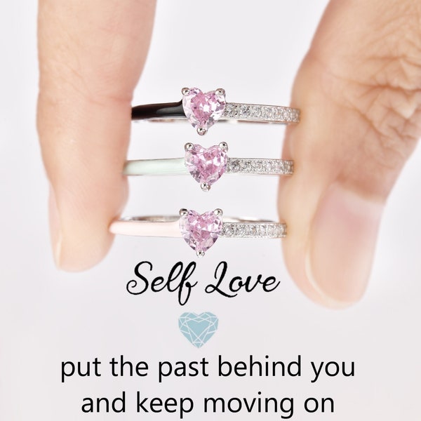 Self Love Heart-Cut Half Enamel Ring,Put The Past Behind You And Keep Moving On,S925 Silver Ring,Self Reminder Ring,Gift For Her