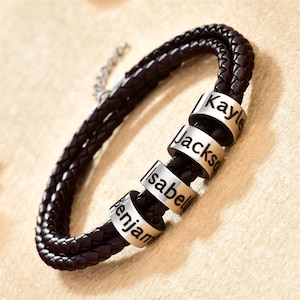 Pulsera de hombre personalizada, pulsera de papá con nombres de niños, pulsera de cuero con cuentas y nombre de hombre personalizado, joyería para hombre, pulsera del Día del Padre