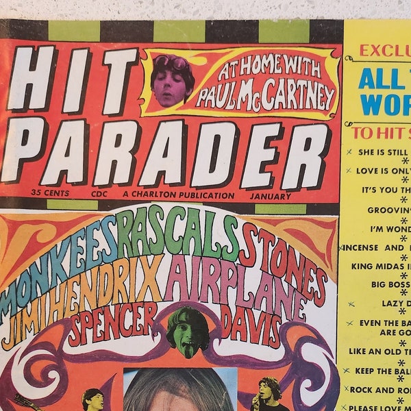 January 1968 Hit Parader Magazine Original Magazine Cover, Ft. Monkees, Peter Tork, pop art, classic rock, music icons, rock and roll, retro