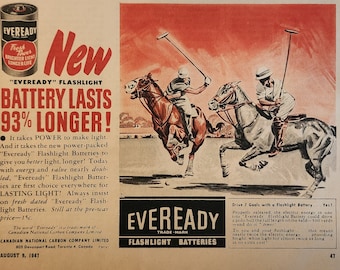 Seltene 1940er Jahre Eveready Batteriewerbung vom Liberty Magazine Magazin Ausgabe vom 9. August 1947, länger haltbar, Taschenlampe, Vintage-Anzeigen, Retro