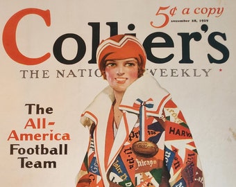 Seltene antike Titelseite des All American Football Teams, aus der Ausgabe des Colliers Magazine vom 28. Dezember 1929, nationale Wochenzeitung, College-Football