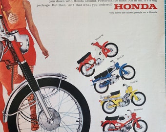 Vintage-Honda-Motorradwerbung aus dem Life-Magazin, Ausgabe vom 9. Juni 1967, Wandkunst, MCM, Mitte des Jahrhunderts, ikonisch, rahmenbare Kunst, Retro, Roadster