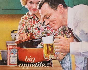 1964 Budweiser Vintage Werbung aus dem Life Magazine Ausgabe vom 4. Oktober 1963, Wandkunst, mcm, Midcentury, ikonisch, einrahmbar, König der Biere