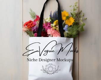 Tote Bag Lifestyle Mockup for Spring | AOP Black Handle Tote Bag Mock up | Printify Mockup for Print on Demand Bag | Tote Bag Aesthetic