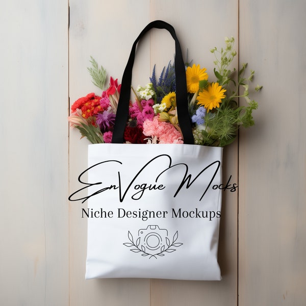 Tote Bag Lifestyle Mockup for Spring | AOP Black Handle Tote Bag Mock up | Printify Mockup for Print on Demand Bag | Tote Bag Aesthetic