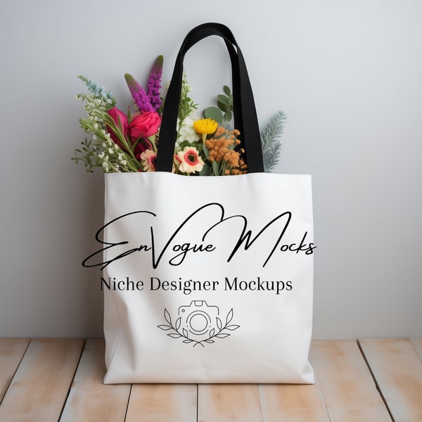 Spring Theme Tote Bag Mockup | AOP Black Handle Tote Bag Mock up | Printify Mockup for Print on Demand Bag | Tote Bag Aesthetic Mockup