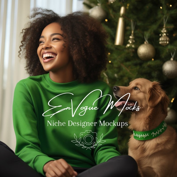 Gildan 18000 Ladies Sweatshirt Mockup | Irish Green Mockup Christmas Sweater | Diverse Model Mockup for Print on Demand | Festive Mockup