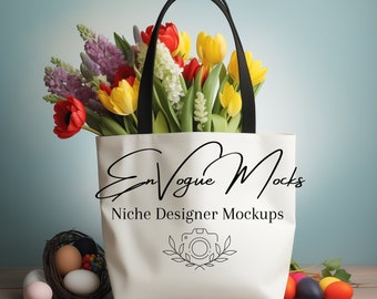 Easter Theme Tote Bag Mockup | AOP Black Handle Tote Bag Mockup | Print on Demand Bag Mockup | Tote Bag Aesthetic Easter Mockup