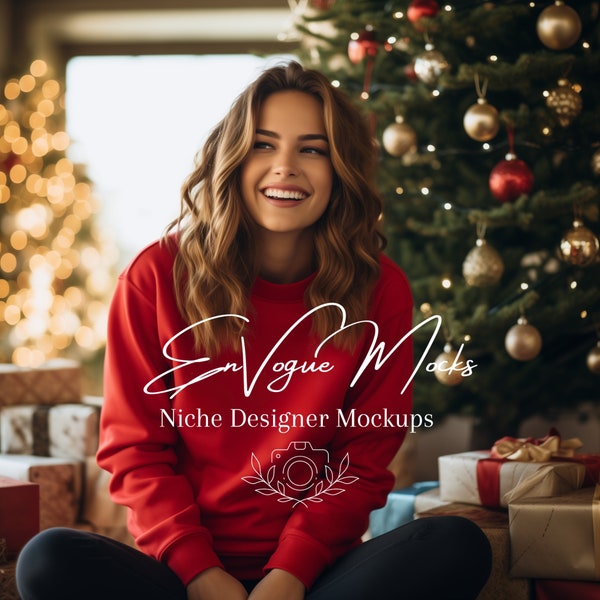 Gildan 18000 Ladies Sweatshirt Mockup | Red Christmas Trendy Sweater Festive Mockup | Model Mockup for Print on Demand Clothing Sellers