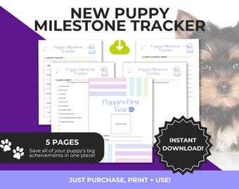 May include: A multi-page puppy milestone tracker with the text "New Puppy Milestone Tracker." The pages include sections for tracking growth, firsts, and favorite things. The design features pastel colors and a paw print graphic. The words "5 Pages" and "Instant Download" are also visible.