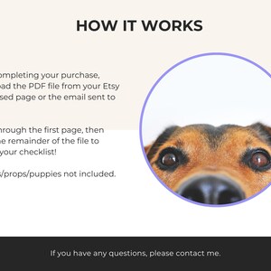 May include: A close-up of a dog's face peeking out from a circle. The text "HOW IT WORKS" is at the top of the image. The text below explains how to download and print a checklist.