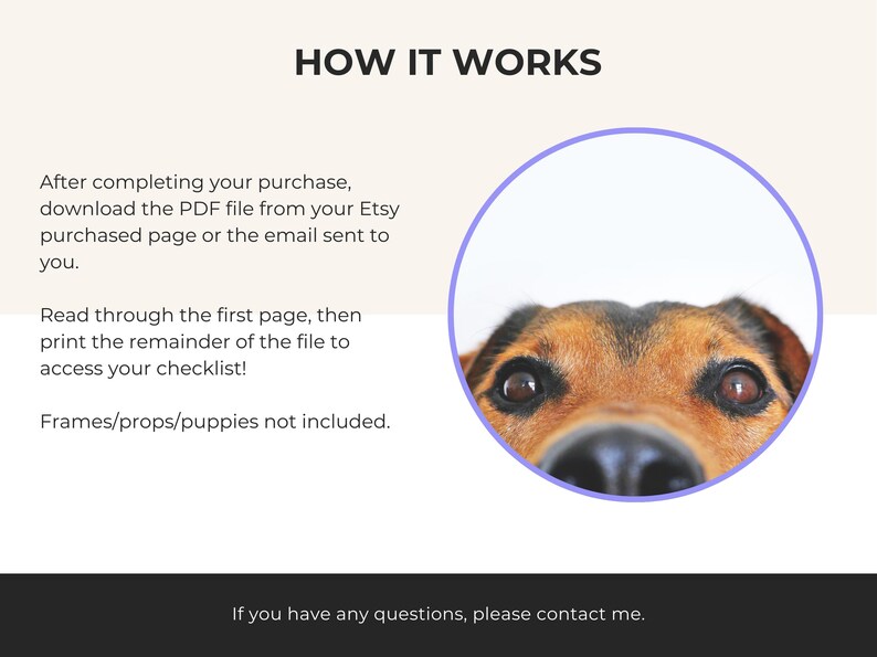 May include: A close-up of a dog's face peeking out from a circle. The text "HOW IT WORKS" is at the top of the image. The text below explains how to download and print a checklist.