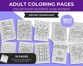 Adult Cuss Words Coloring Pages, Digital Coloring Sheets, Adult Coloring Book, Coloring Pages, Swear Words Coloring, Digital Download