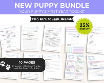 May include: A collection of printable puppy care sheets. The bundle includes a checklist, milestone tracker, and pet sitter info sheet. The text reads "New Puppy Bundle" and "Your Puppy's First Year Toolkit". A green circle displays a 25% discount.