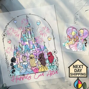 Bak- och framsida Disney akvarell prinsessfigurer slott DTF-överföring, tjejresa färdig att trycka design, födelsedagsflicka, anpassad prinsessa DTF