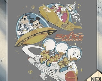 Transfert Dtf Space Mountain, Mickey et ses amis, design prêt à presser pour enfants rétro, astronaute Disney Dtf, voyage dans l'espace Disney Dtf