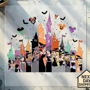 Disney Halloween-prinsesskaraktärer Castle Dtf Transfer, Halloween-prinsessa Team Epcot Pressklar design, Halloween-familjesemester Dtf