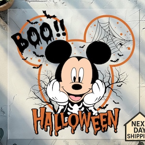 May include: A Halloween-themed graphic featuring Mickey Mouse in a skeleton costume, with the word "Halloween" in orange. The design includes bats, spiderwebs, and the word "Boo!!" in a spooky font.