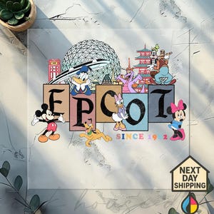May include: Colorful graphic featuring Disney characters and the word "EPCOT" in large, block letters. The image includes Mickey Mouse, Donald Duck, Daisy Duck, Minnie Mouse, Pluto, and Goofy, with the text "SINCE 1982".