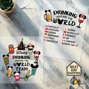 Disney Drinking Around The World Dtf Transfer, Disney Öl och Vin Dryck Dtf, Epcot World Tour Dtf, Disney Familjeresa Pressklar design