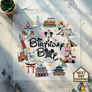 May include: A clear, square sticker with a birthday theme. The design features Mickey Mouse, various landmarks, and the text "Birthday Boy". The sticker includes a Mickey Mouse head design and the words "Next Day Shipping".
