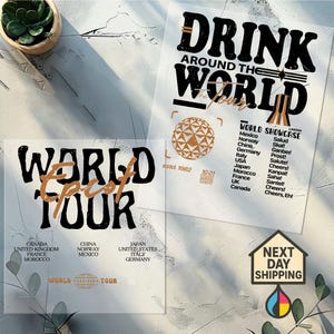 May include: Two clear, rectangular prints with black and brown text. One print reads "DRINK AROUND THE WORLD TOUR" and lists countries and drinks. The other print says "WORLD EPCOT TOUR" and lists countries. A small plant in a pot is in the upper left.