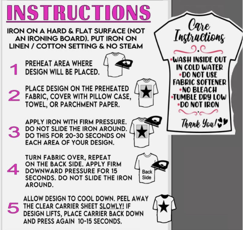 May include: Instructions for applying a design to fabric, with a step-by-step guide. The instructions include preheating, applying firm pressure with an iron, and peeling away the carrier sheet. Also includes care instructions for washing.