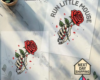 Run Little Mouse DTF Transfer, Rose Skeleton, Dark Romance Design
