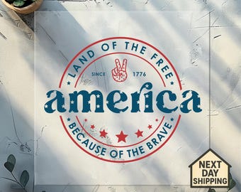 Terra dei liberi grazie al trasferimento DTF dell'America coraggiosa, DTF del Memorial Day, Design pronto per la stampa del 4 luglio, DTF del Giorno dell'Indipendenza