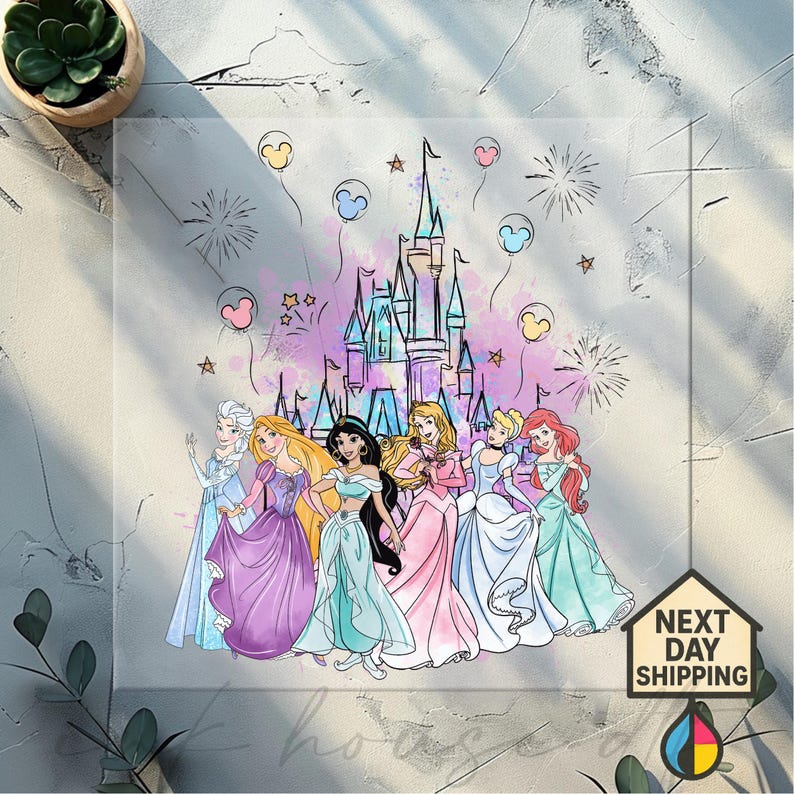 May include: A colorful illustration featuring several Disney princesses in front of a castle. The princesses are wearing gowns in various colors, including pink, blue, and purple. The background includes fireworks and balloons.