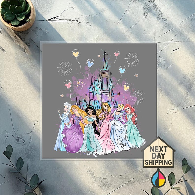 May include: A framed print featuring Disney princesses in front of a castle with fireworks and balloons. The princesses are wearing colorful gowns. The background is gray with purple and pink accents. The print includes the text "NEXT DAY SHIPPING".