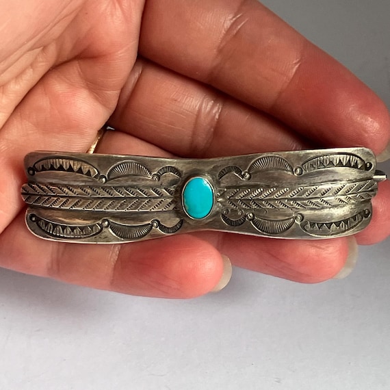 Vintage Sterling Silver Turquoise 3-Stone Barrette Hair Clip Old Pawn BARRETTE Hair Clip Hand Stamped Sterling SILVER and  main image 4