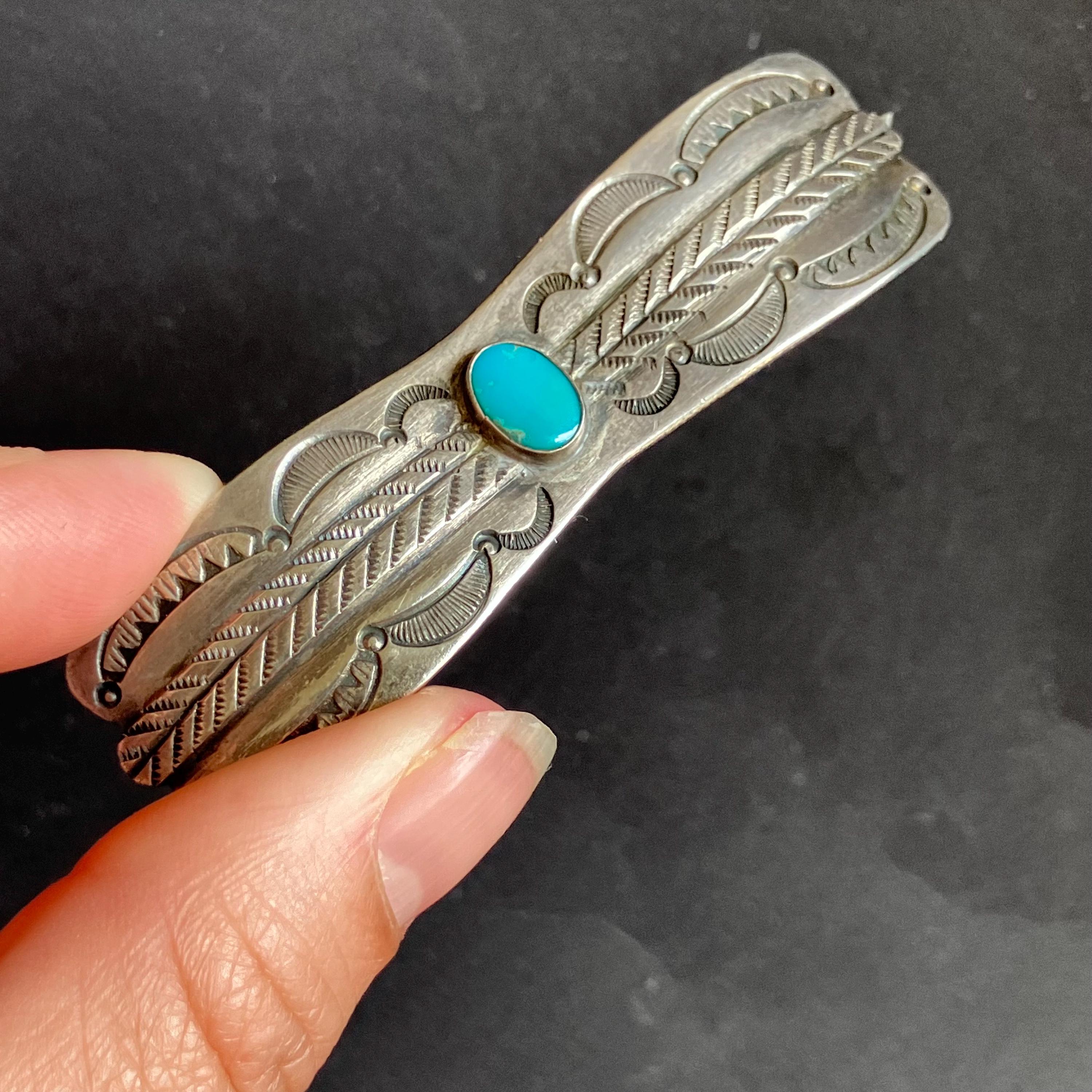 Vintage Southwestern Engraved Stamped Turquoise Sterling Silver Barrette Vintage Navajo Large Hair Slide Barrette Turquoise Nickel  main image 2