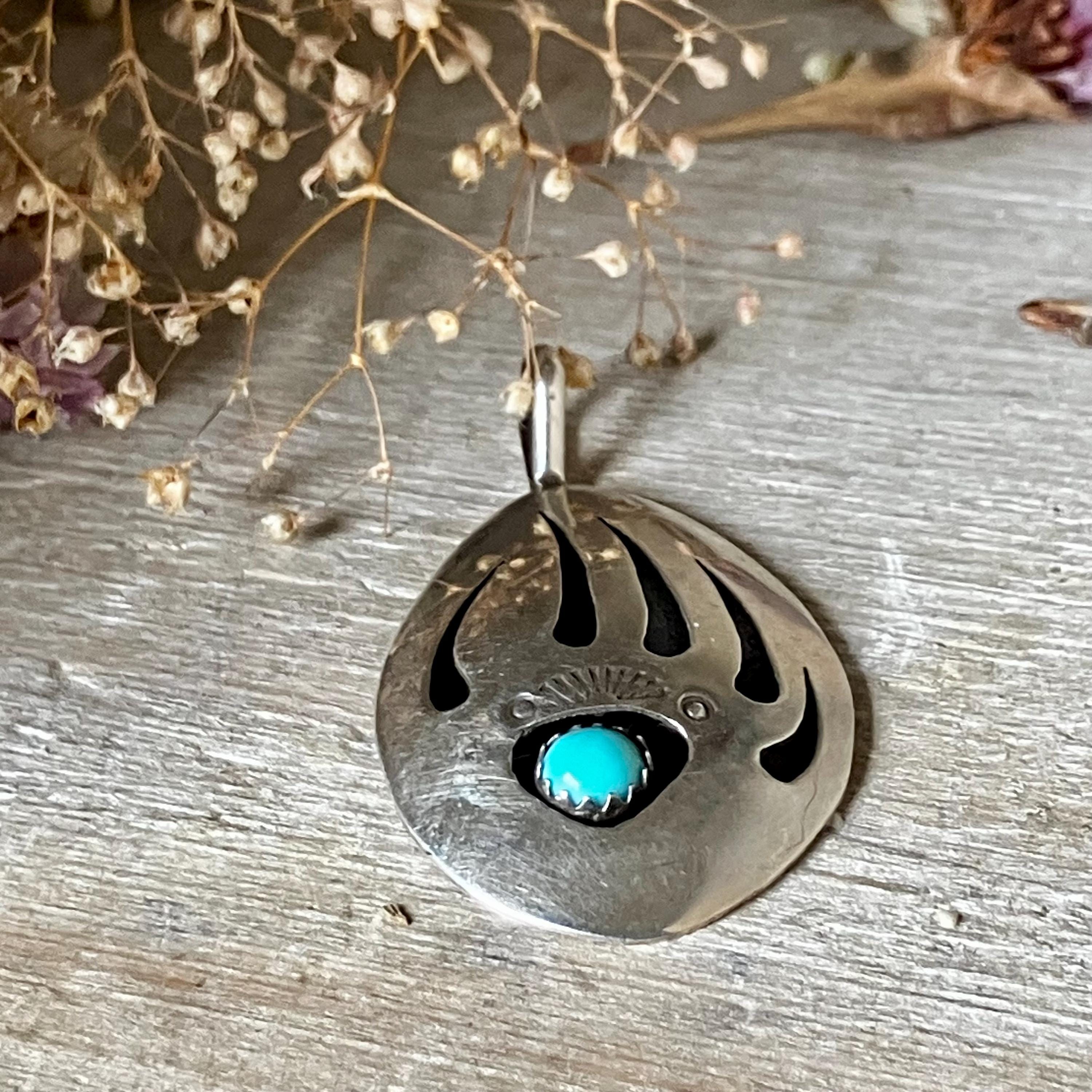 Vintage Navajo Sterling Silver Bear Paw Pendant With Turquoise ...
