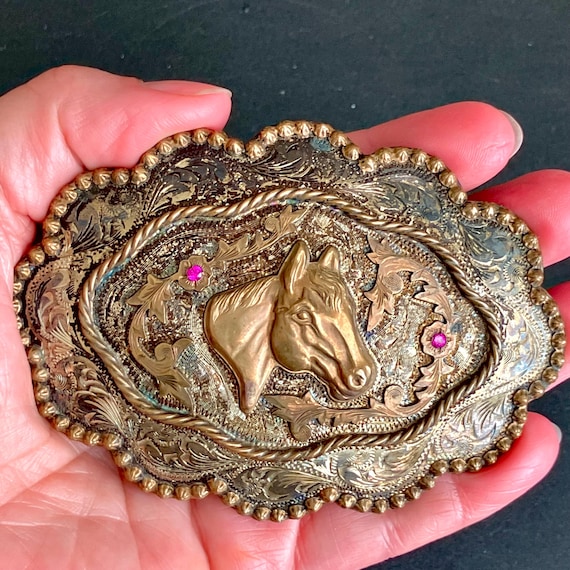 Vintage Fleming Sterling Silver Overlay Belt Buckle: Ruby 