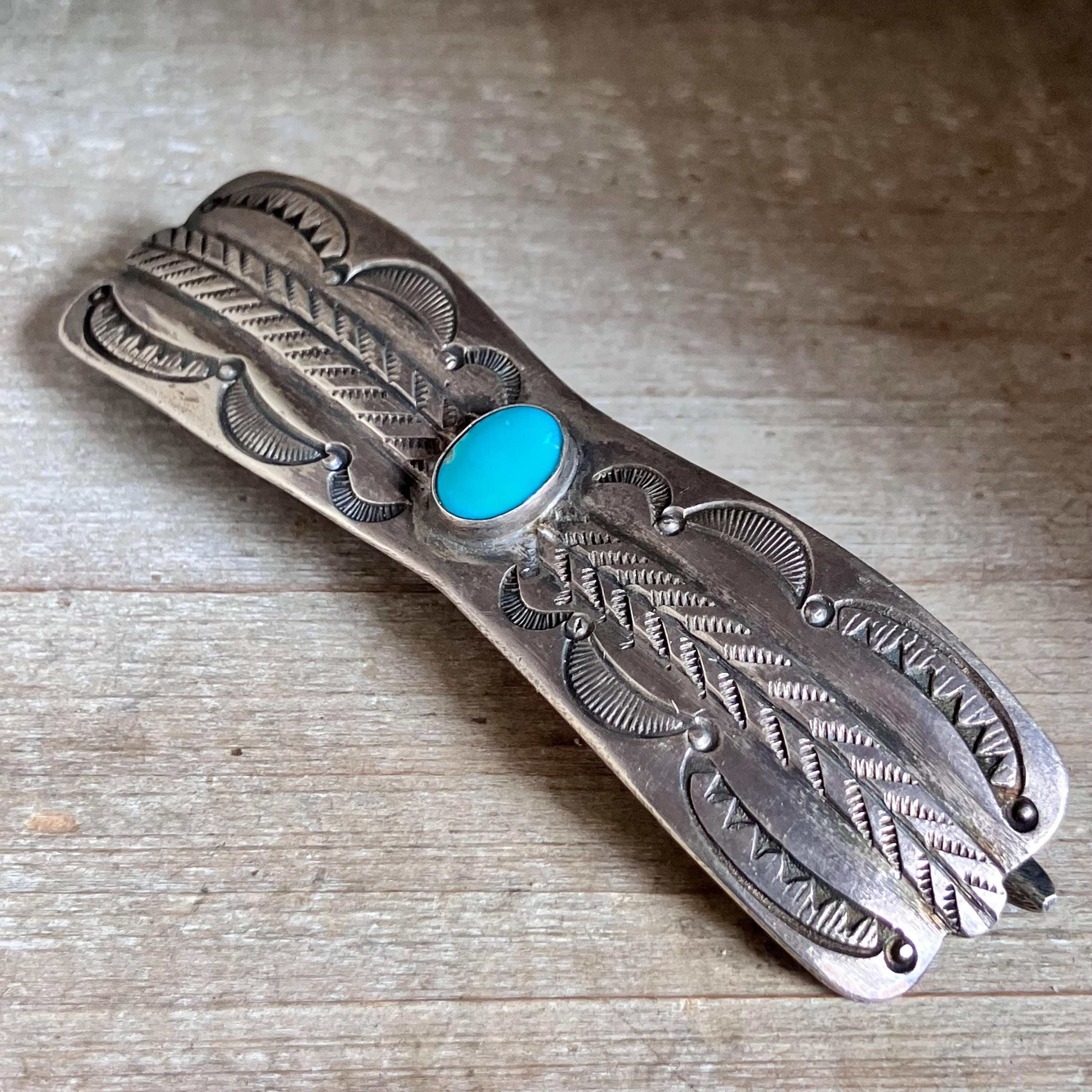 Vintage Navajo Turquoise Sterling Silver Hair Barrette  display picture 3