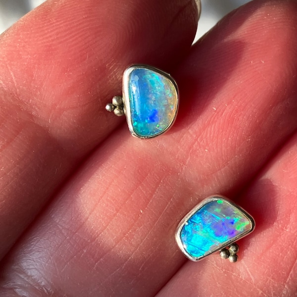 Genuine Natural Australian Crystal Opal Stud Earrings for Pierced Ears Silversmith Artisan Handcrafted Sterling Silver OOAK Flashy Opals