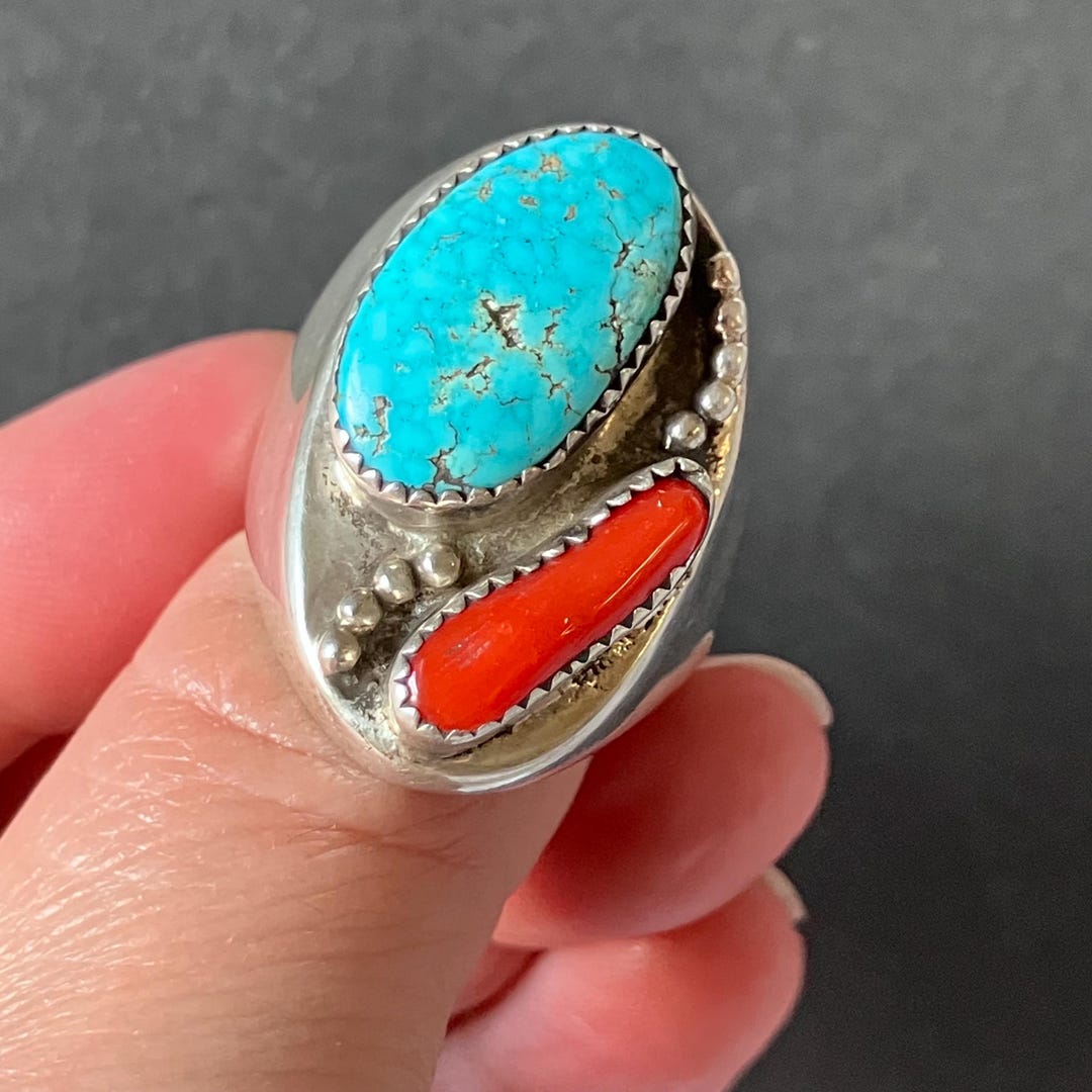 Vintage Navajo Sterling Silver Turquoise and Coral Ring Size 11.25 ...
