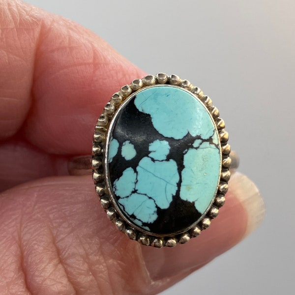 Vintage Natural Genuine Hubei Turquoise Handcrafted/ Solid Sterling Silver / Statement Unisex Ring / Southwestern/ Navajo / Native American