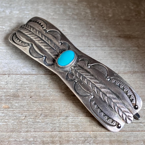 Vintage Navajo Silver and Turquoise Stone Western Hair Barrette Item #1018N- Navajo Royston Turquoise Sunrise Stamped  main image 4