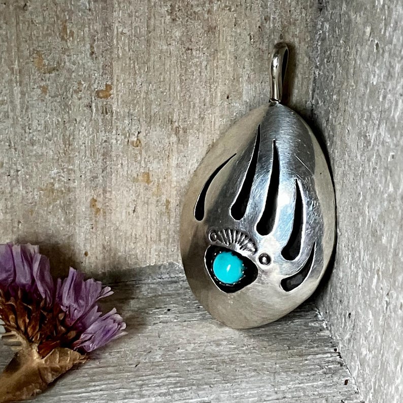 Vintage Navajo Sterling Silver Bear Paw Pendant With Turquoise ...