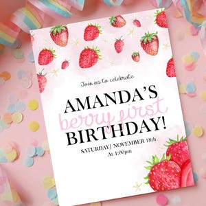 Berry First Birthday Invitation, Editable 1st Birthday Girl Invite, Printable Strawberry First Birthday Girl Invitation Template
