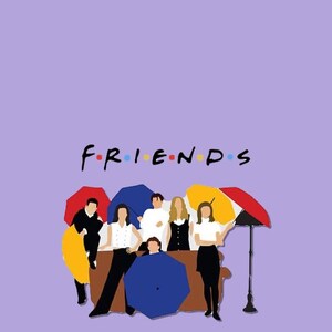 Puede incluir: Un fondo morado con la palabra "FRIENDS" en texto negro con puntos de colores entre las letras. Seis figuras de dibujos animados se paran frente a un sofá marrón sosteniendo paraguas de colores.