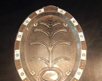 Inland Garland Glass Mid Century ATOMIC Oval Serving Tray / Meat Platter Black Gold Tempered